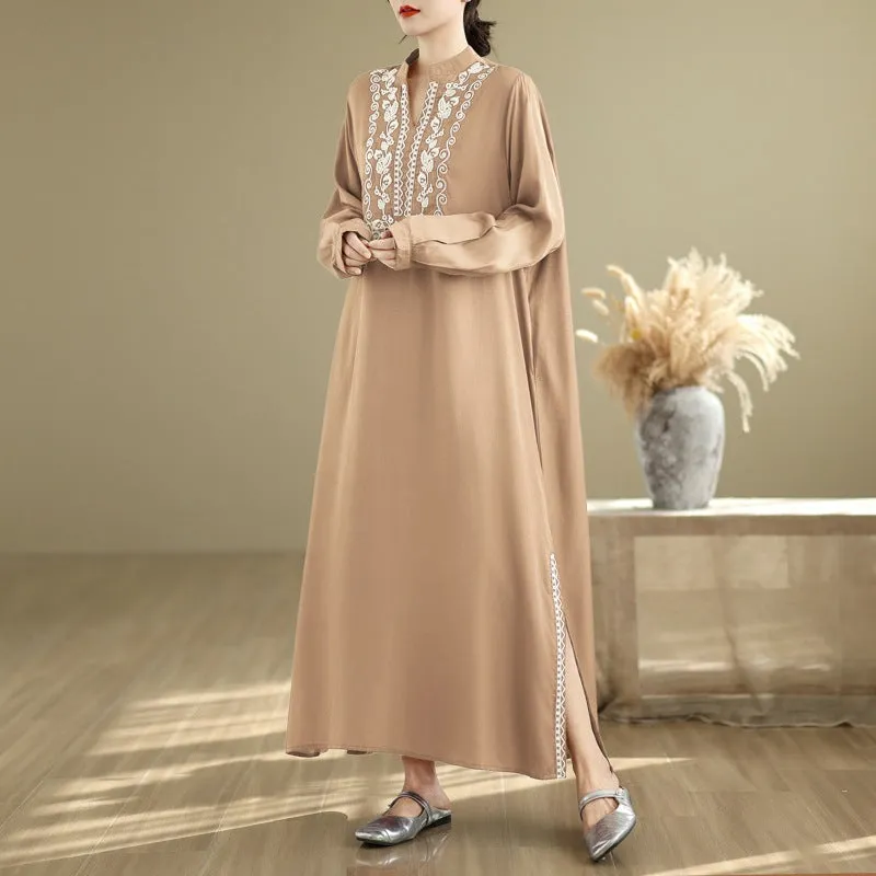 Babakud Women Spring Vintage Ethnic Embroidered Linen Maxi Dress Saturated Hue Fall Flow