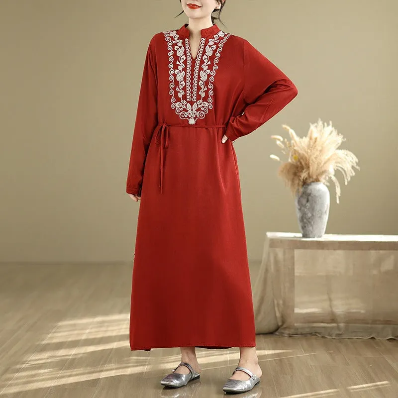 Babakud Women Spring Vintage Ethnic Embroidered Linen Maxi Dress Luxe style Button Accent