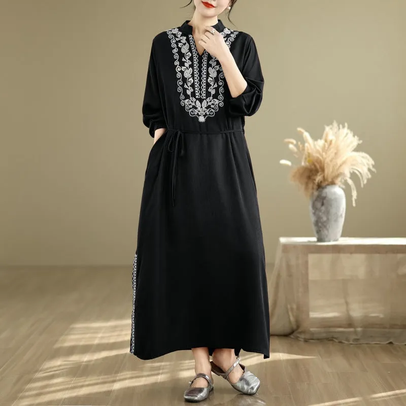 Babakud Women Spring Vintage Ethnic Embroidered Linen Maxi Dress All Wear