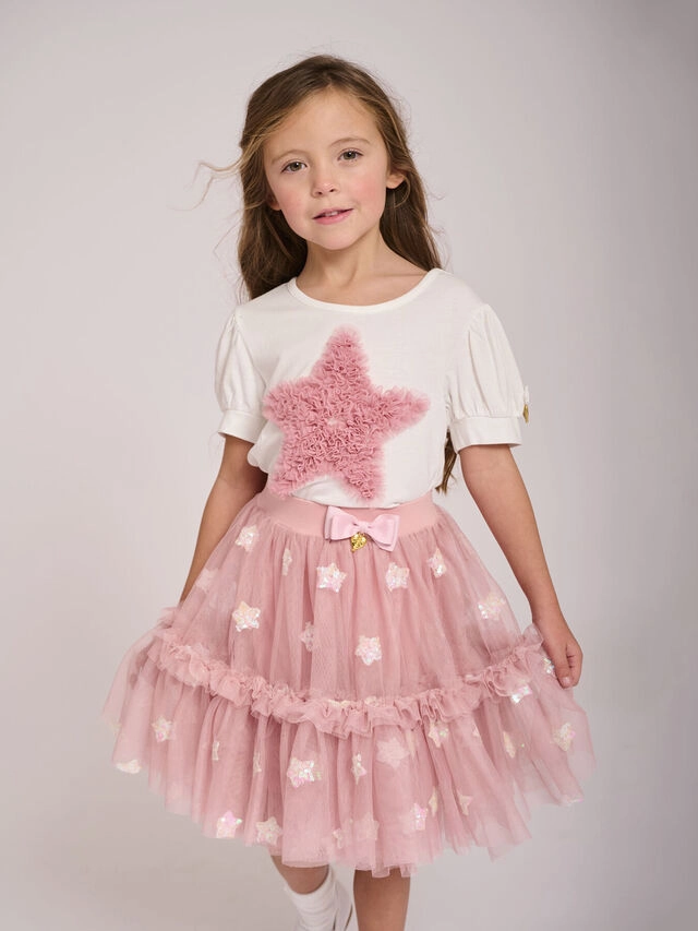 Safe Comfortable kids' attire Angel's Face Kids Girls Suvannah Pink Ruffle Star Tee - Snowdrop