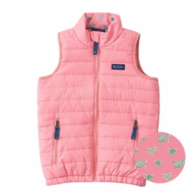 Summer Eye - Catching Girl's Puffer Vest in Plumeria Pink with Sea Turtle Print Liner