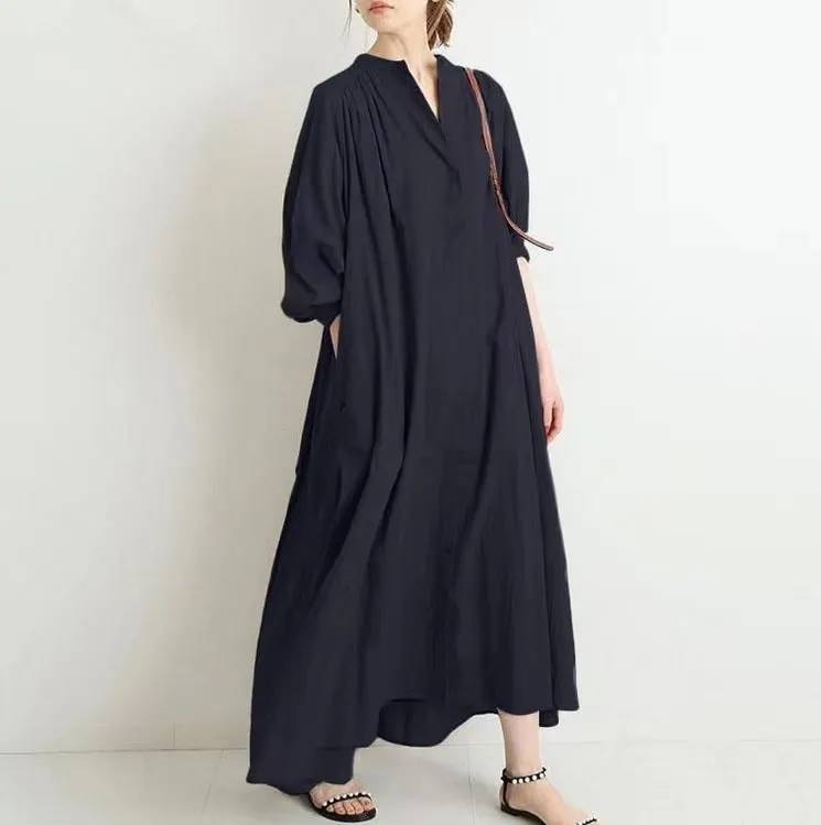 Casual Solid Color Puff Sleeve Pleated Cotton Linen Midi Shirtdress Elegant Layers All Season Style
