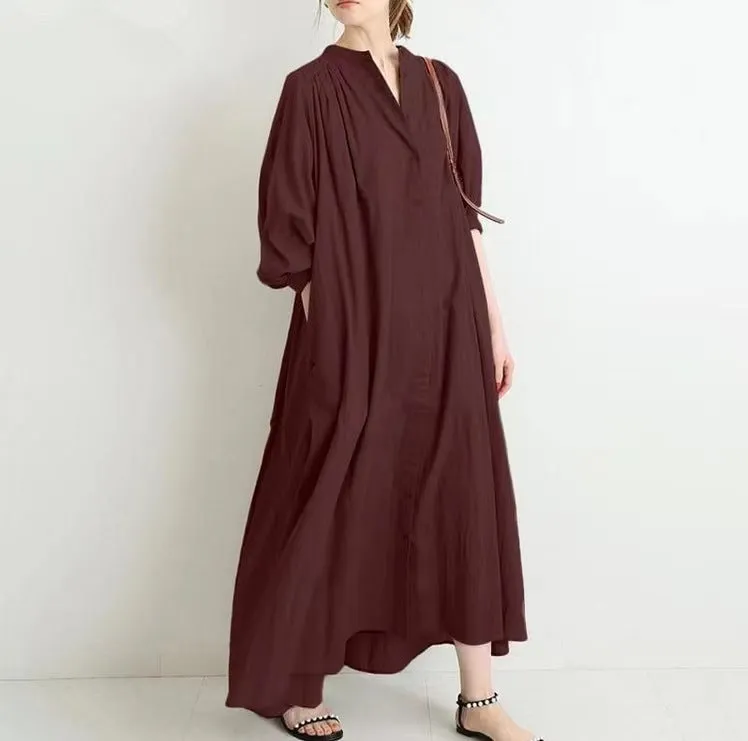 Minimal Details Subtle Glam Casual Solid Color Puff Sleeve Pleated Cotton Linen Midi Shirtdress