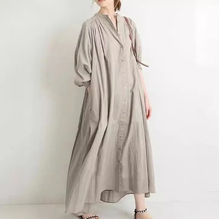 Romantic-Detail Flattering and Chic Casual Solid Color Puff Sleeve Pleated Cotton Linen Midi Shirtdress