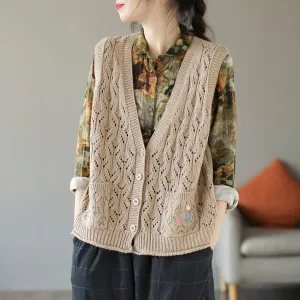 Women Autumn Retro Embroidery Hollow Knitted Vest Comfortable Feel Grade