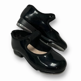 Capezio Tap Shoes Girls Size 6.5 Toddler Black Patent Leather with Elastic Strap Dog Jog