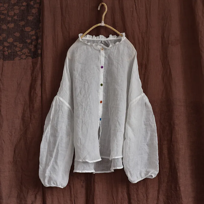 Non-Iron Women Autumn Cotton Linen Ruffled Loose Blouses