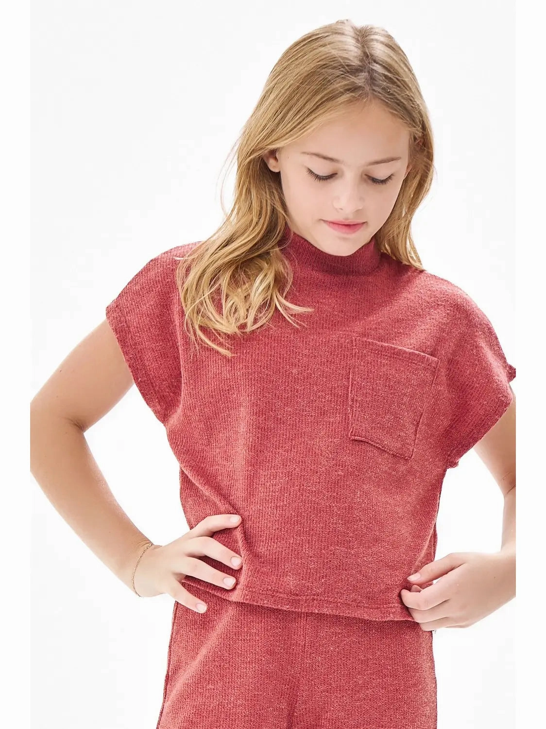 Velvet insulated Chest Pocket Mock Neck Drop Shoulder Knit Vest | Brick