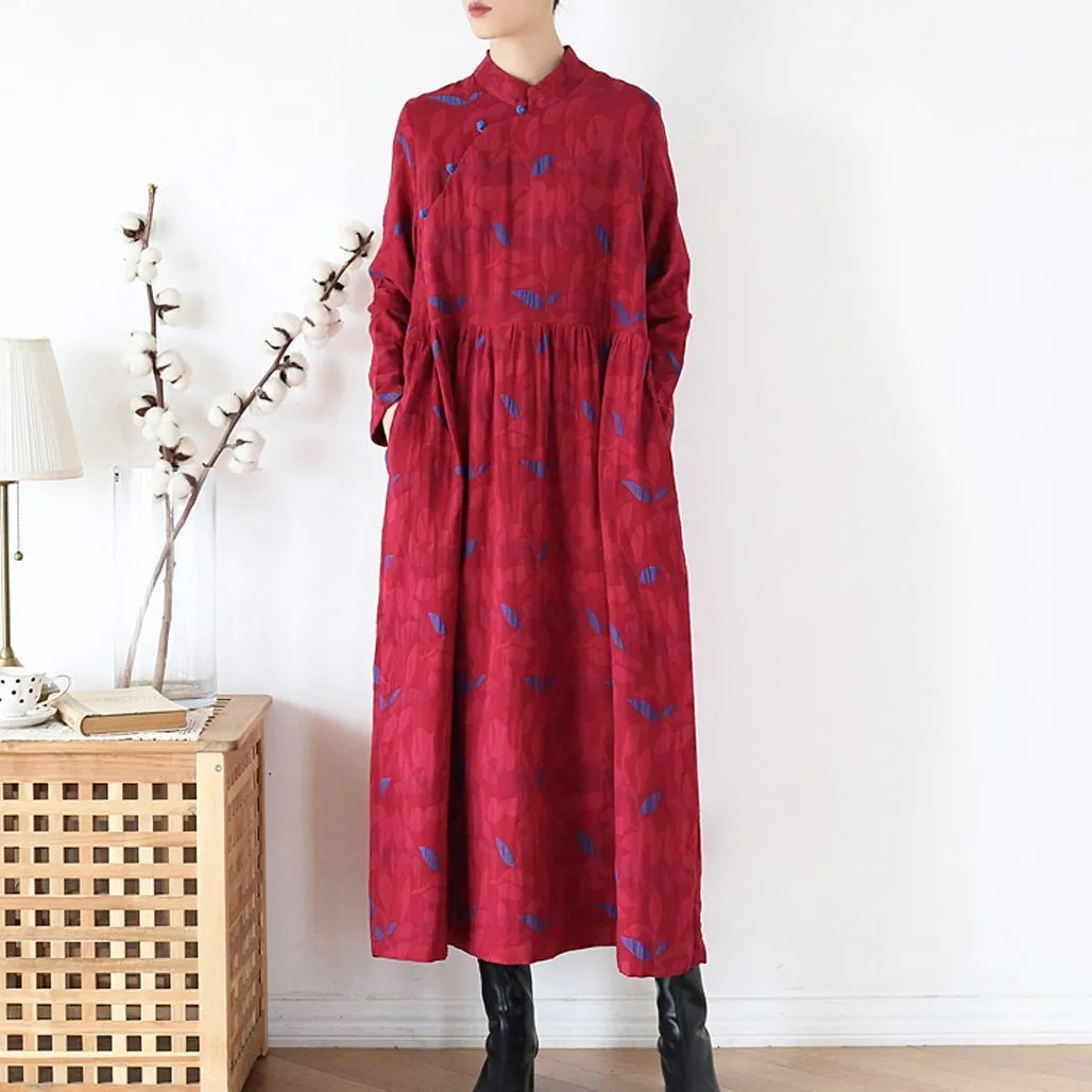 Pearl-Detail Babakud Women Autumn Ethnic Cotton Linen Dress