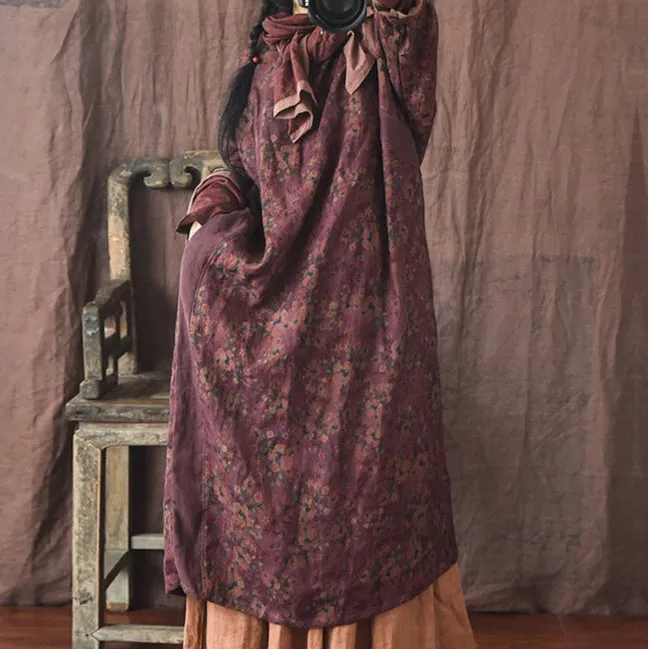 Vintage Distressed Floral Printed Mid-Length Linen Dress Winter Classic Spring Vibe