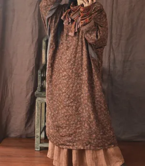 Flexible Mood Vintage Distressed Floral Printed Mid-Length Linen Dress