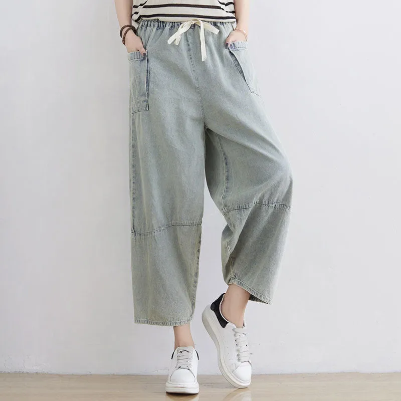 Flexible Waistband Women Spring Summer Retro Loose Denim Pants