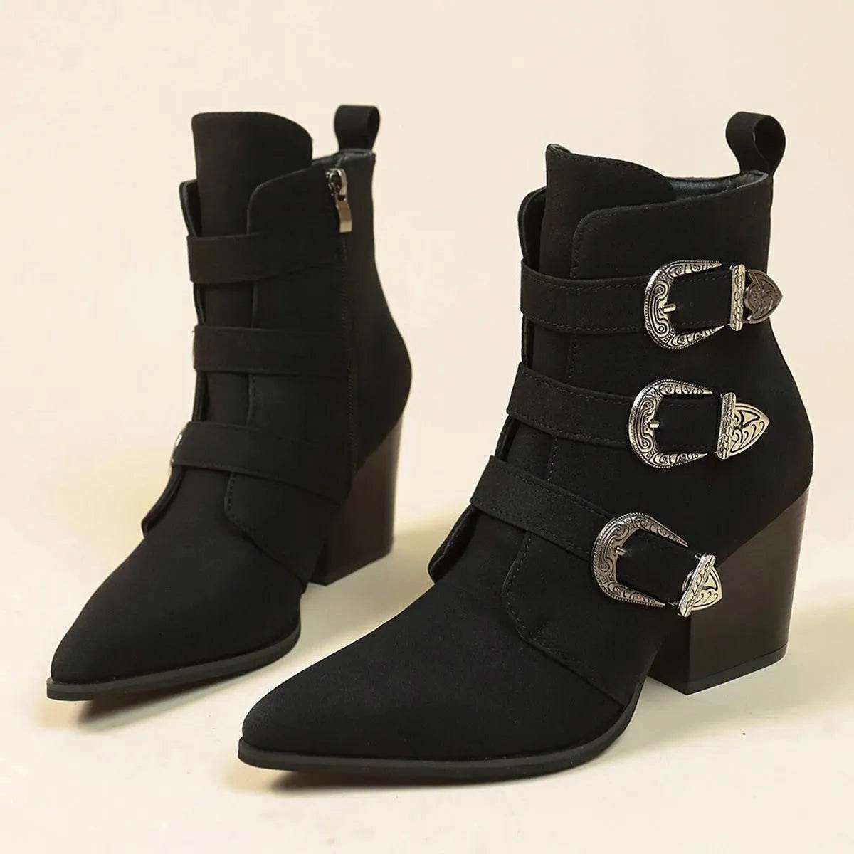 Snow Travel Boots Chunky Heel Pointed Toe Boots With Belt Buckle Design Retro Mid-calf Boot Fashion Fall Winter Shoes For Women