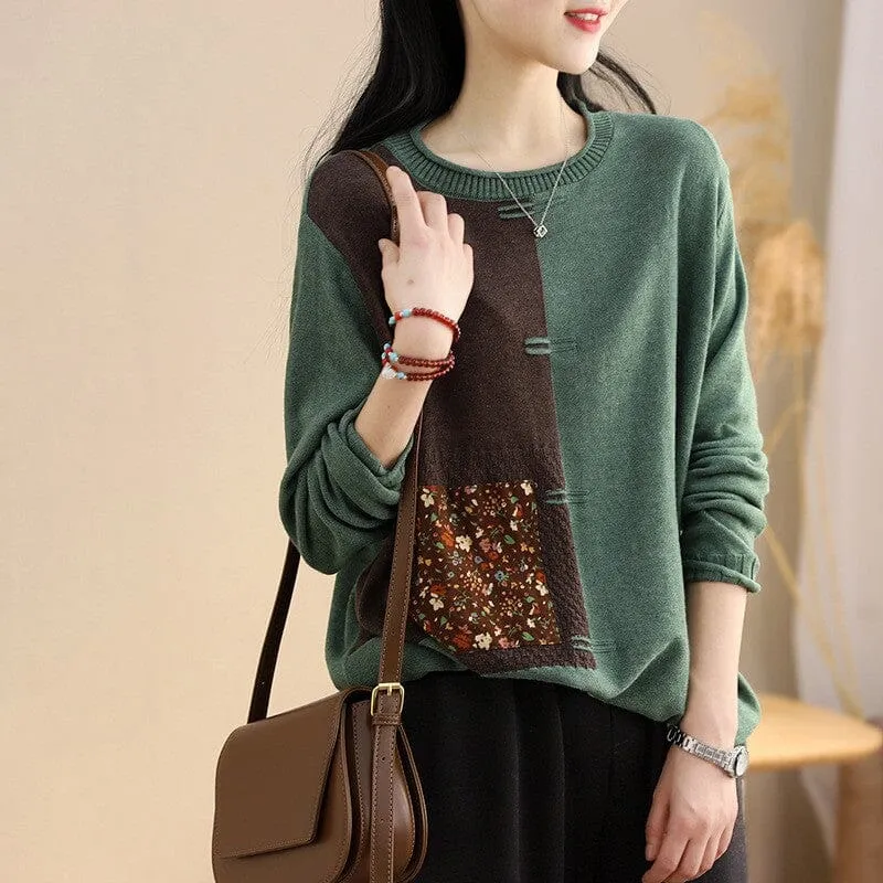 Warm Layer Fit Women Spring Retro Patchwork Color Block Knitted Sweaters