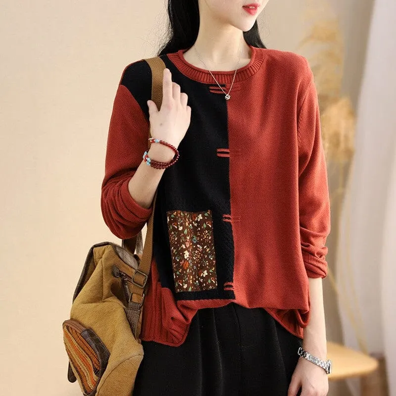 Relaxed Neckline Women Spring Retro Patchwork Color Block Knitted Sweaters