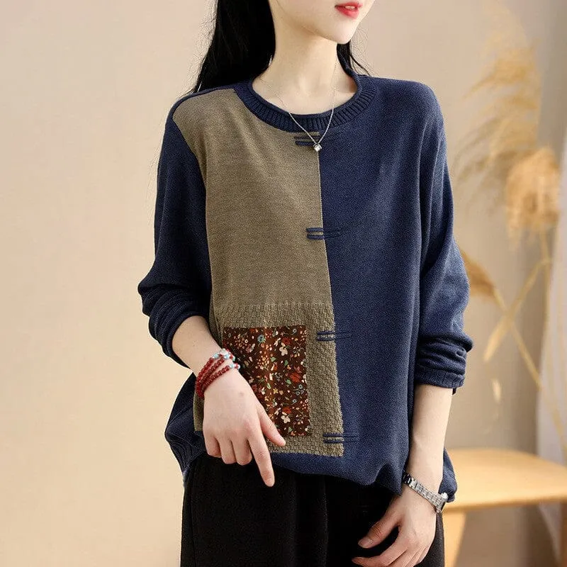 Women Spring Retro Patchwork Color Block Knitted Sweaters Comfort Flex
