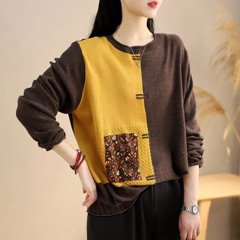 Elastic hem Women Spring Retro Patchwork Color Block Knitted Sweaters
