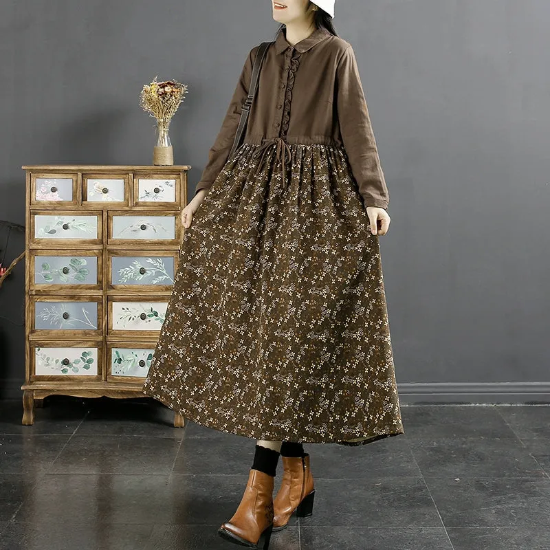 Comfortable fit Women Autumn Vintage Cotton Linen Floral Patchwork Tie-Waist Maxi Dress