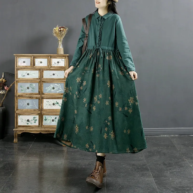 Delicate Details Versatile Look Women Autumn Vintage Cotton Linen Floral Patchwork Tie-Waist Maxi Dress