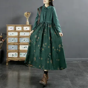Delicate Details Versatile Look Women Autumn Vintage Cotton Linen Floral Patchwork Tie-Waist Maxi Dress