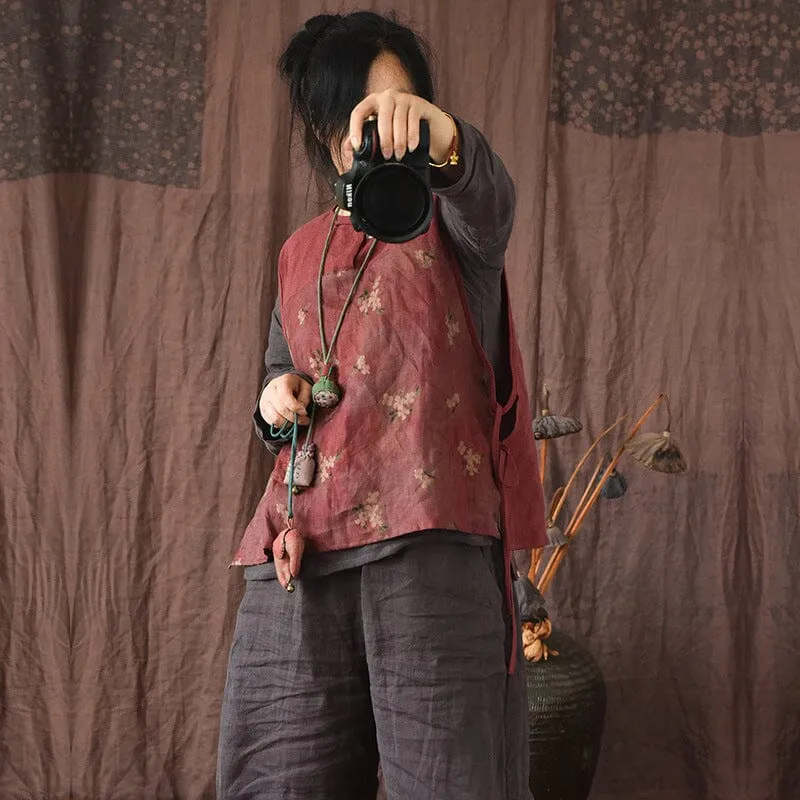 Shield Women Retro Printed Patchwork Linen Vest