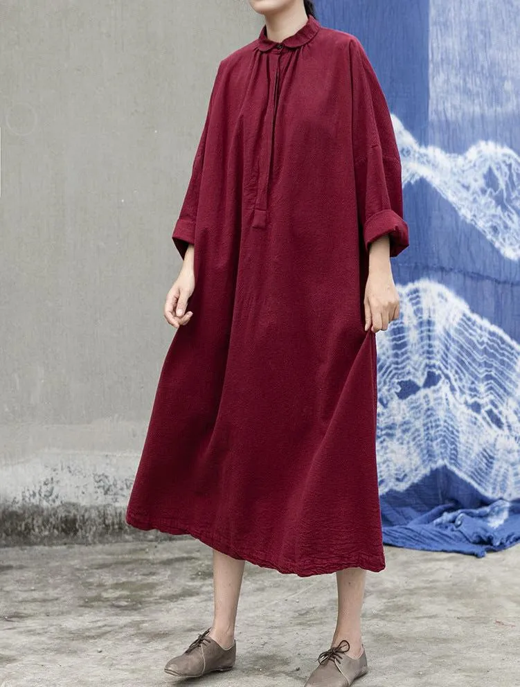 Women Autumn Comfy Button Placket Long Sleeves Cotton Dresses Tailored Layers