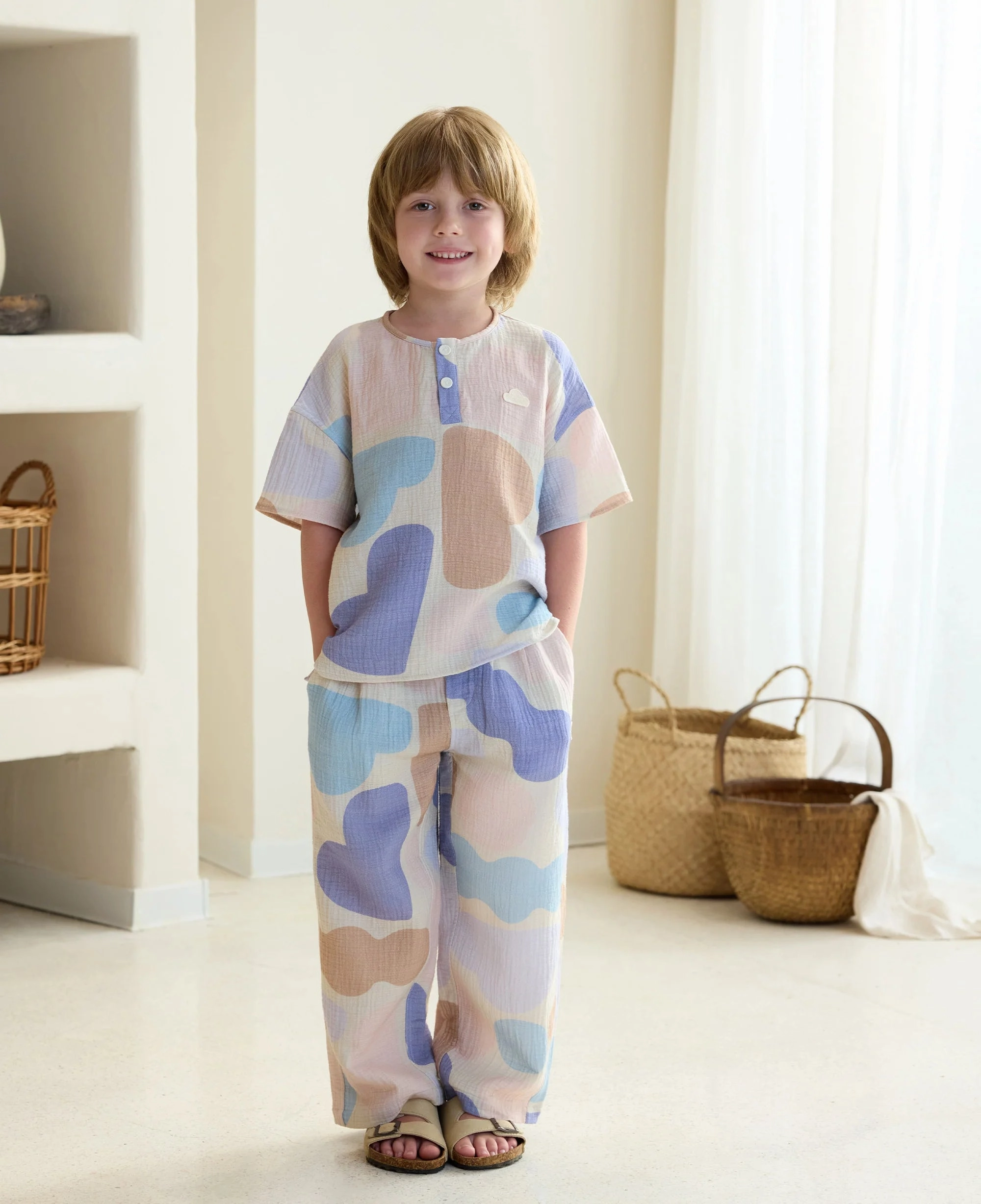 Pajamas for children Nest Designs - Petite Revery Kids Wrinkled Muslin Pants - Cloudy Seashells