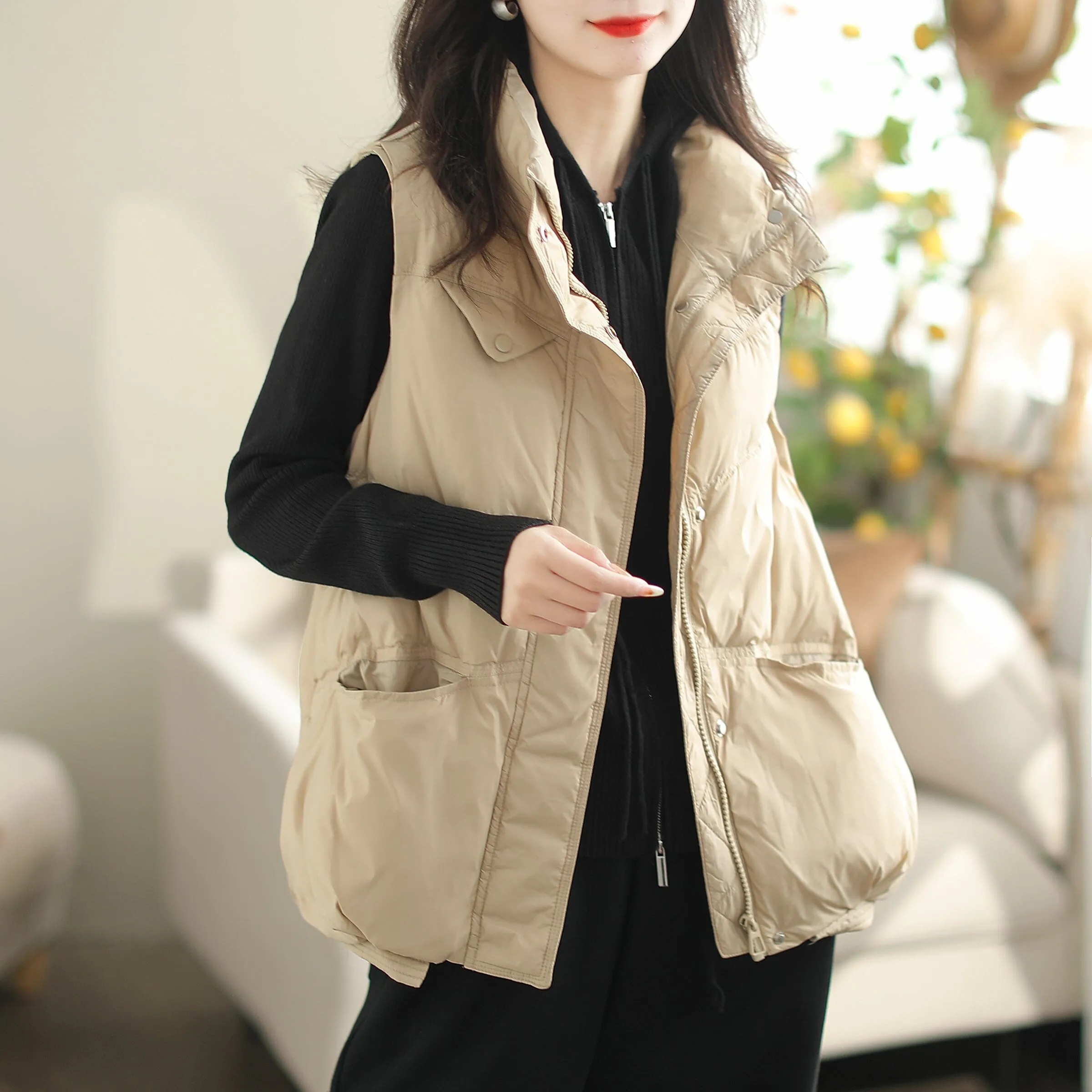Women Autumn Winter Duck Down Loose Vest Water Repellent Coating Modern Clothing