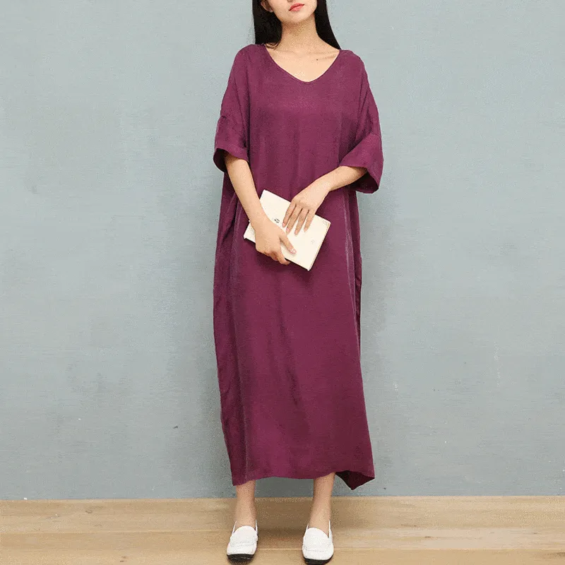 Simple V-Neck Solid Color Silk Midi Dresses Feminine Style Calm Tone