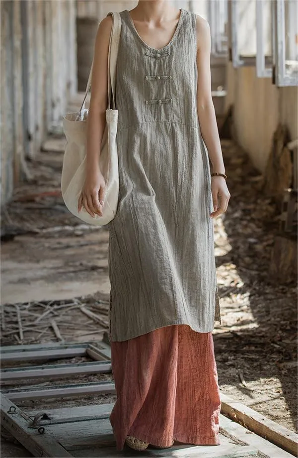 Summer Sleeveless Solid Color Linen Dress Wardrobe-Staple