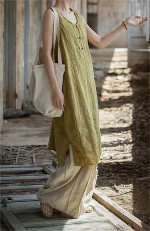 Summer Sleeveless Solid Color Linen Dress Pleated-Texture