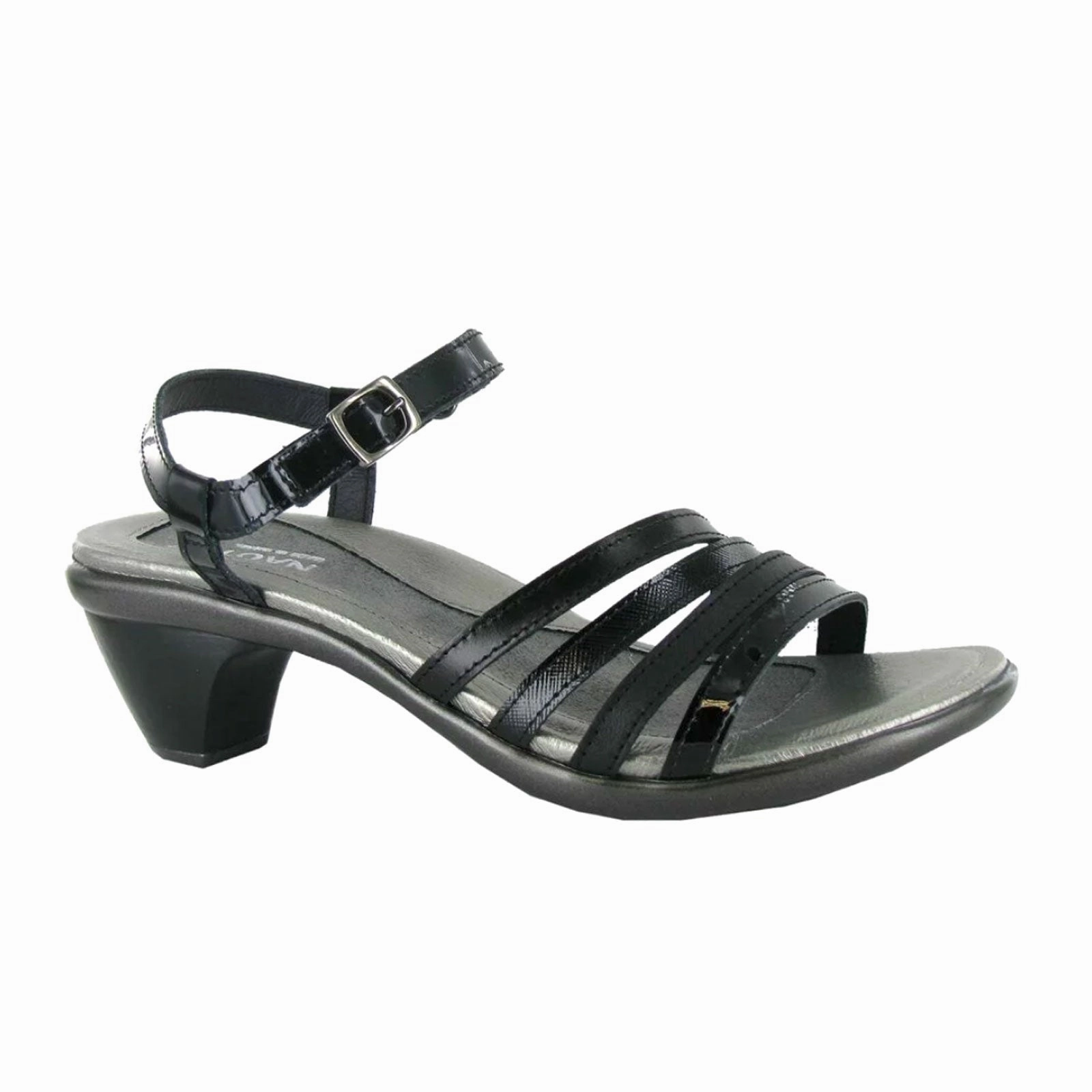 Naot Current Heeled Sandal (Women) - Black Patent/Jet Black/Black Luster/Black Madras Energy Saving