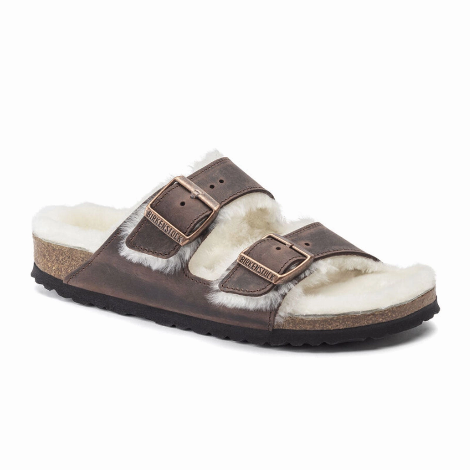Birkenstock Arizona Slide Sandal (Women) - Habana Oiled Leather/Natural Shearling Cushioned Ankle
