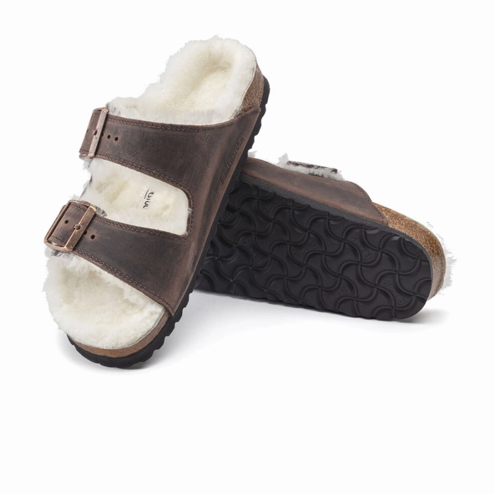 Birkenstock Arizona Slide Sandal (Women) - Habana Oiled Leather/Natural Shearling Soft Padding