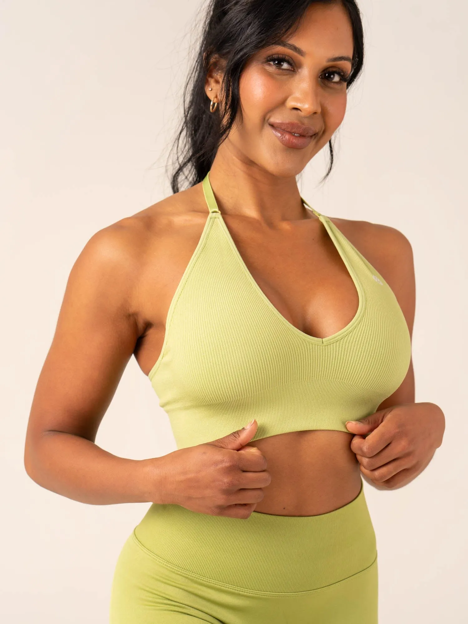 Ribbed waistband seams Lift Rib Seamless Halter Sports Bra - Olive