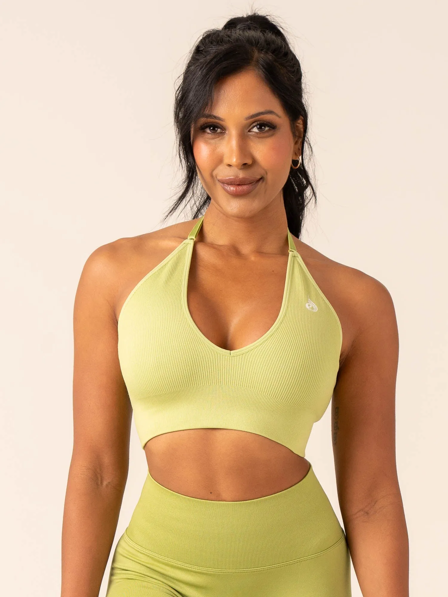 Lift Rib Seamless Halter Sports Bra - Olive Supportive Back