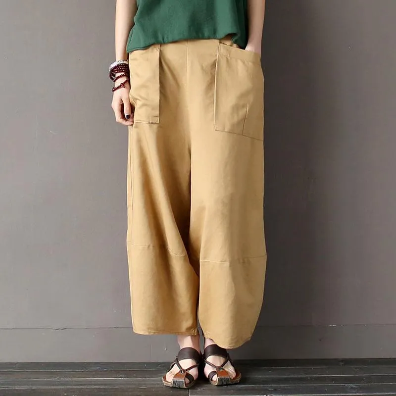 Cotton Linen Elastic Waist Pants With Pockets Feminine Cut