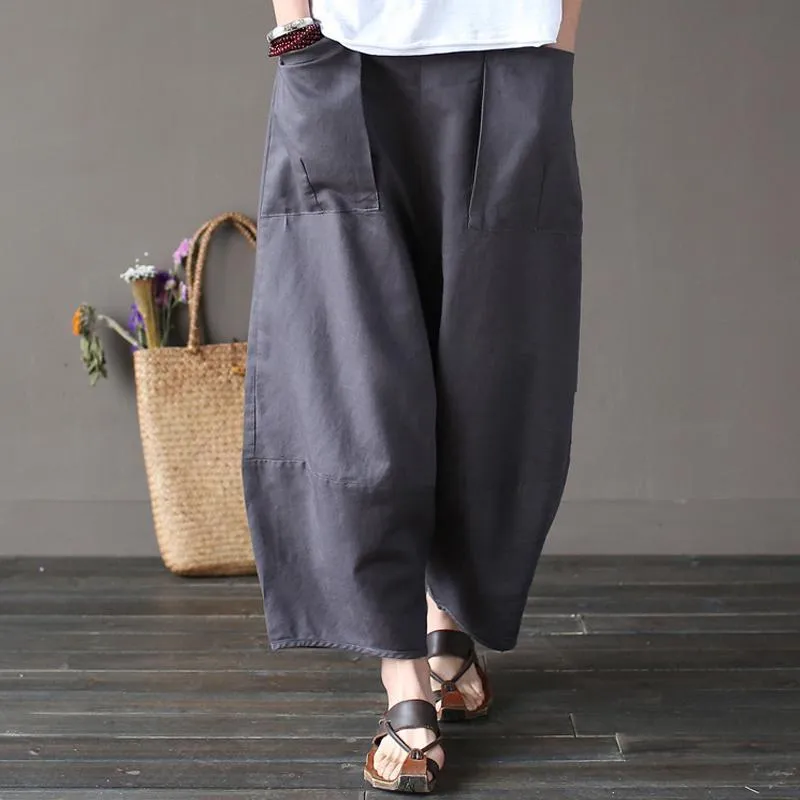 Moisture Management Cotton Linen Elastic Waist Pants With Pockets