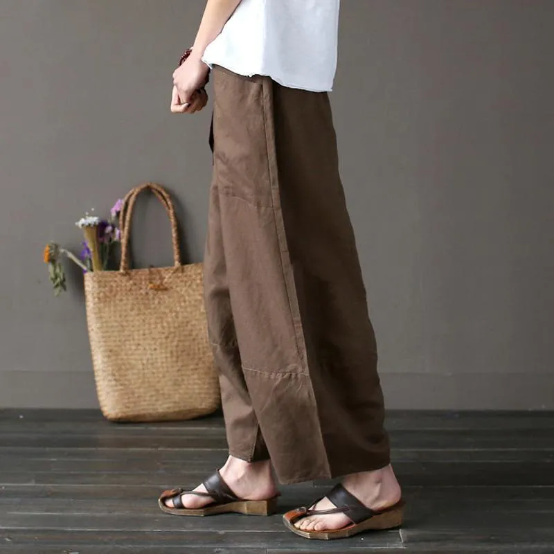 Cotton Linen Elastic Waist Pants With Pockets Stretchable Waist Mid-rise fit