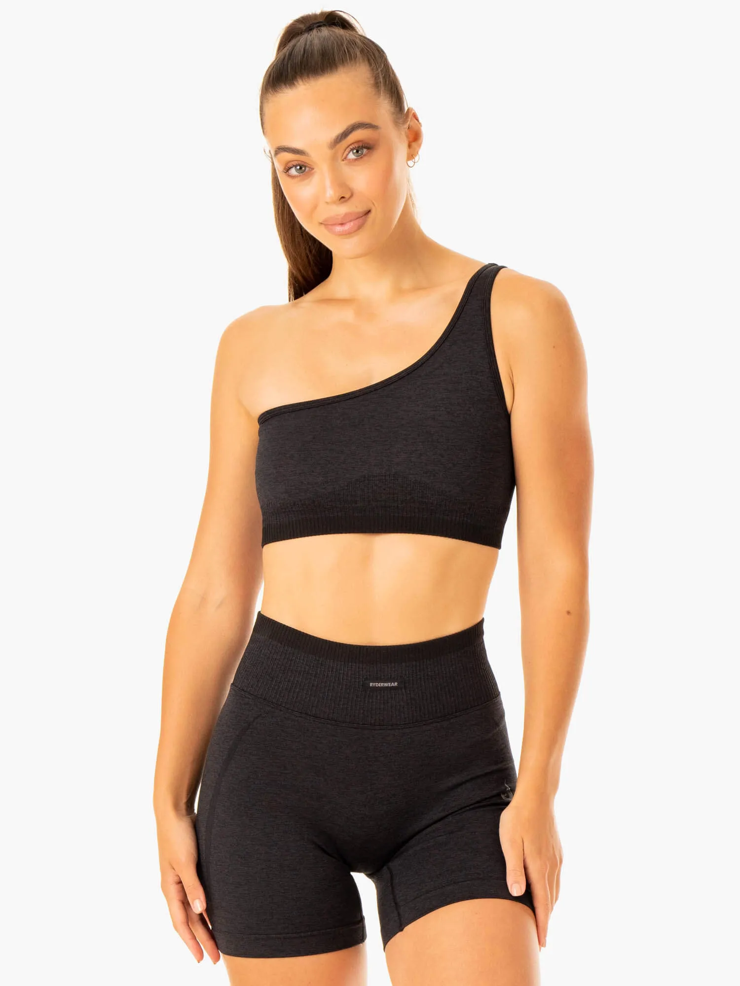 Lightweight Bra Turtleneck seams Excel Seamless One Shoulder Sports Bra - Black Marl