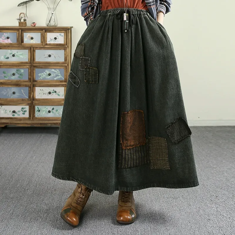 Women Spring Washed Vintage Patchwork Denim A-Line Skirt Relaxed Style