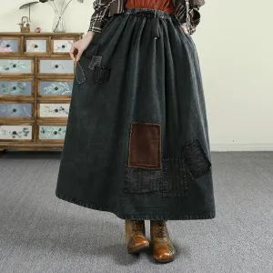 Contemporary Design Women Spring Washed Vintage Patchwork Denim A-Line Skirt