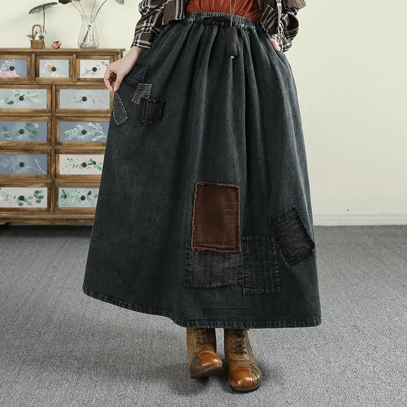 Contemporary Design Women Spring Washed Vintage Patchwork Denim A-Line Skirt