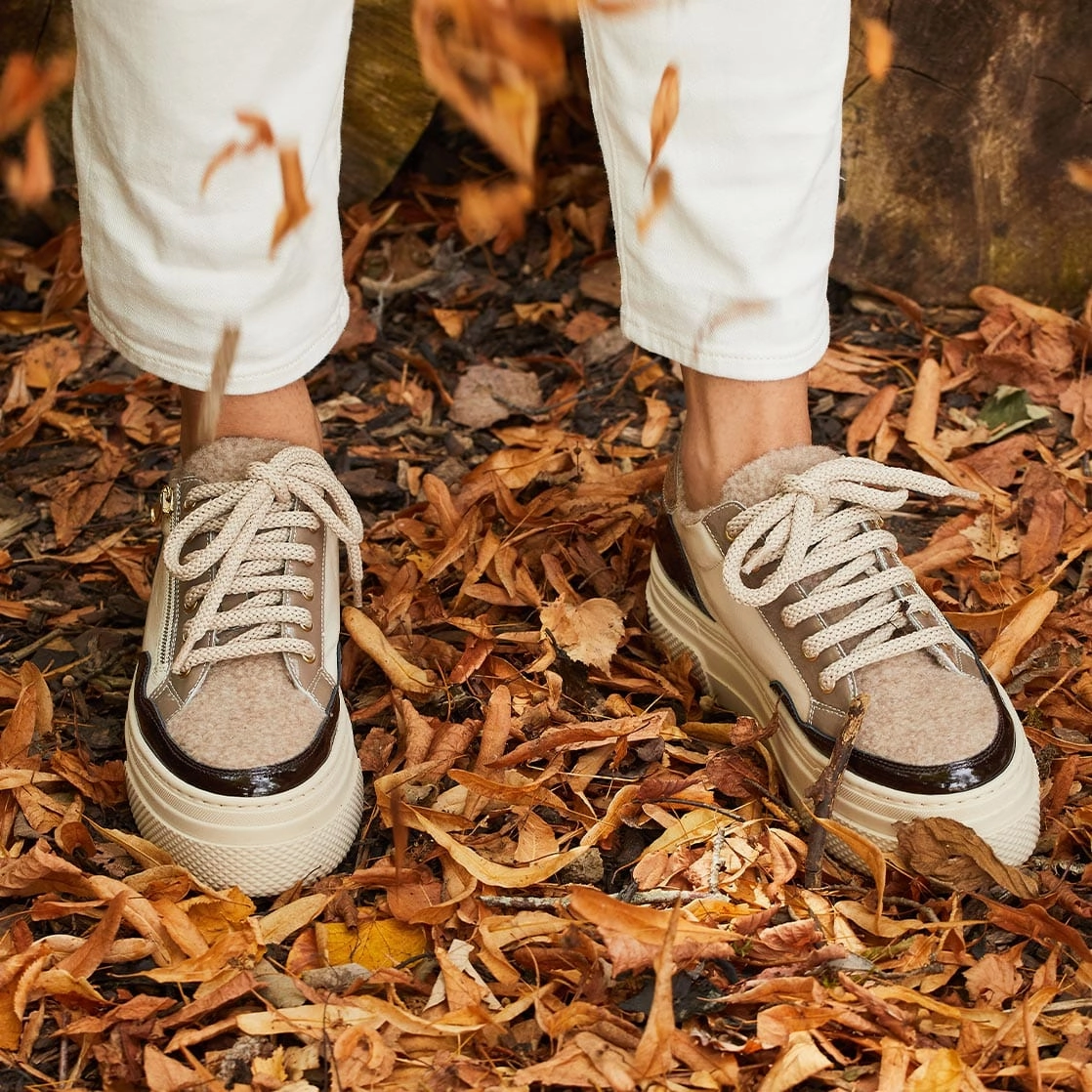 Denver: Taupe Multi Patent & Wool Lining Sneaker Style Non Irritating Stitching
