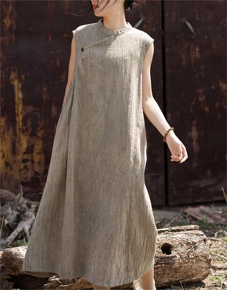 Soft Tones Relaxed Waist Distressed Tie-Dye Sleeveless Ramie Dresses