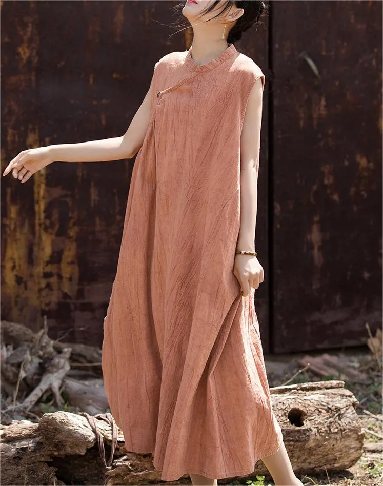 Fashionable Fit Modern and Feminine Distressed Tie-Dye Sleeveless Ramie Dresses