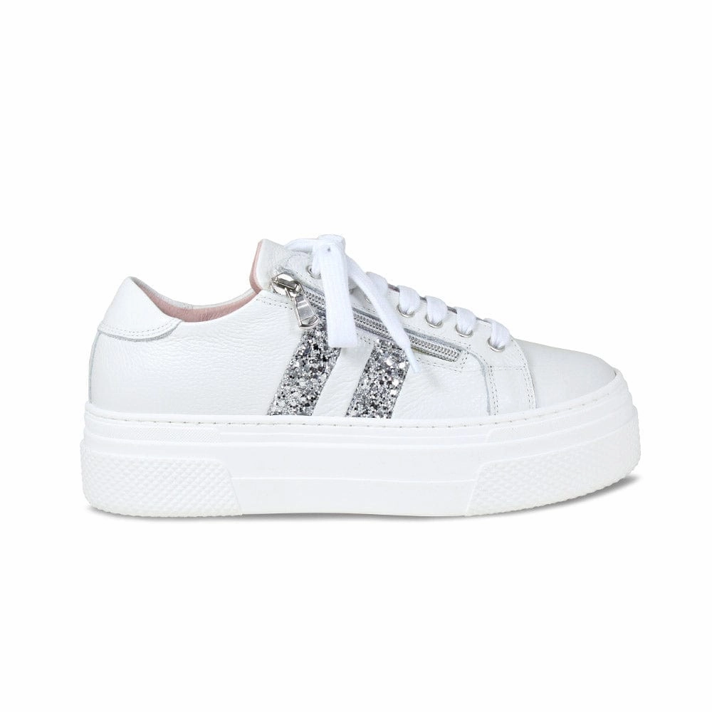 Diva: White Leather & Silver Glitter Arch Support Footbeds