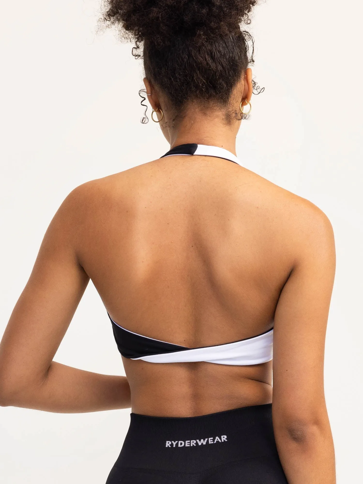 Duo Halter Twist Sports Bra - Black/White Lightweight Padding