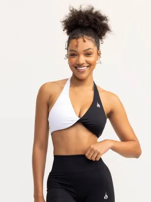 All Day Wear Comfort Secure Hold Duo Halter Twist Sports Bra - Black/White