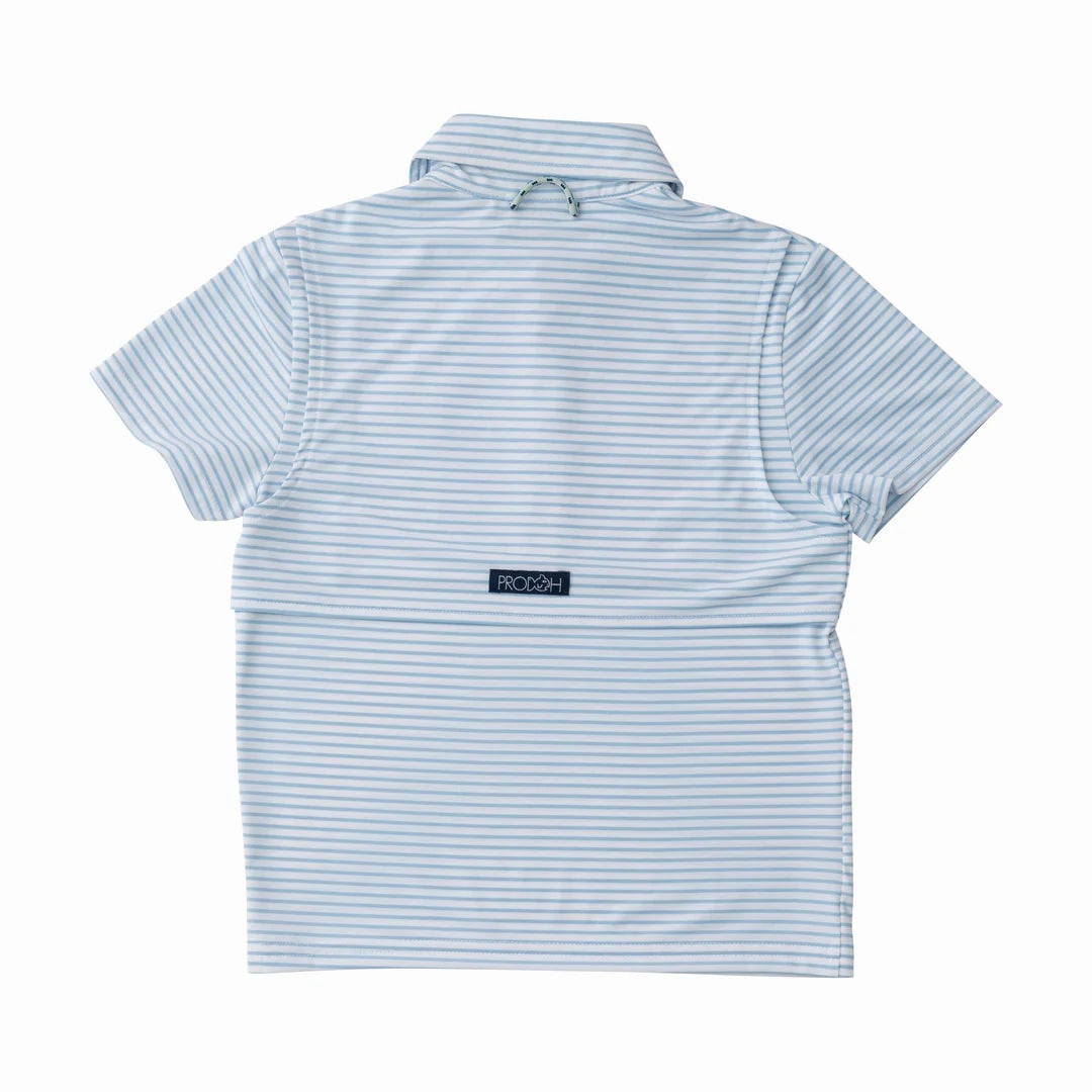 Cozy Curvy Boys Short Sleeve Pro Performance Polo in Classic Clear Sky Blue and White Stripe